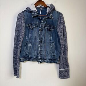 Free People Knit Sleeve Hooded Distressed Denim Jacket Size Medium Blue Gray
